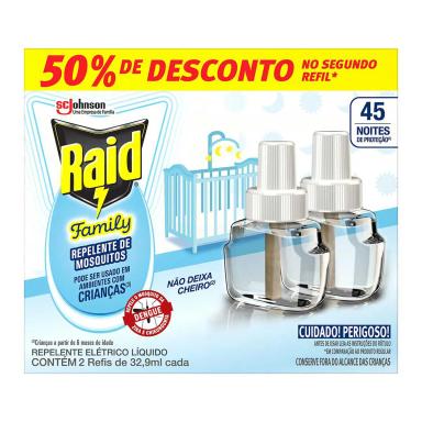 Repelente Líquido Elétrico Raid Family 45 Noites 2 Unidades de 32,9ml cada