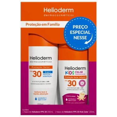 Kit Família Protetor Solar Corporal Helioderm Suncare FPS 30 com 200g + Helioderm Suncare Kids Color FPS 30 com 120g