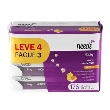 Kit Lenço Umedecido Needs Baby Camomila 4 pacotes com 44 unidades cada