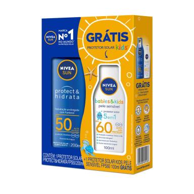 Kit Protetor Solar Corporal Nivea Sun Protect & Hidrata com 1 Protetor Infantil Kids FPS 60 100ml + 1 Protetor Adulto FPS 50 200ml