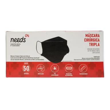 Máscara Descartável Cirúrgica Tripla Needs Preta 50 Unidades