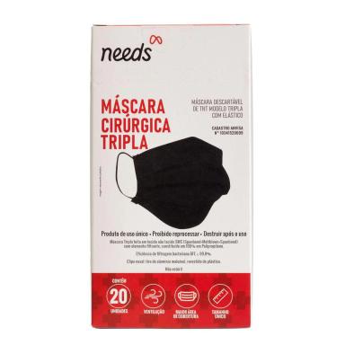 Máscara Descartável Cirúrgica Tripla Needs Preta 20 Unidades