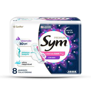 Absorvente Noturno Sym Premium Noite & Dia Cobertura Suave Com Abas 8 Unidades