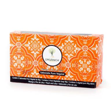 Kit Orgânica Sabonete Puro Vegetal em Barra Pêssego e Flor de Lótus 90g 3 unidades