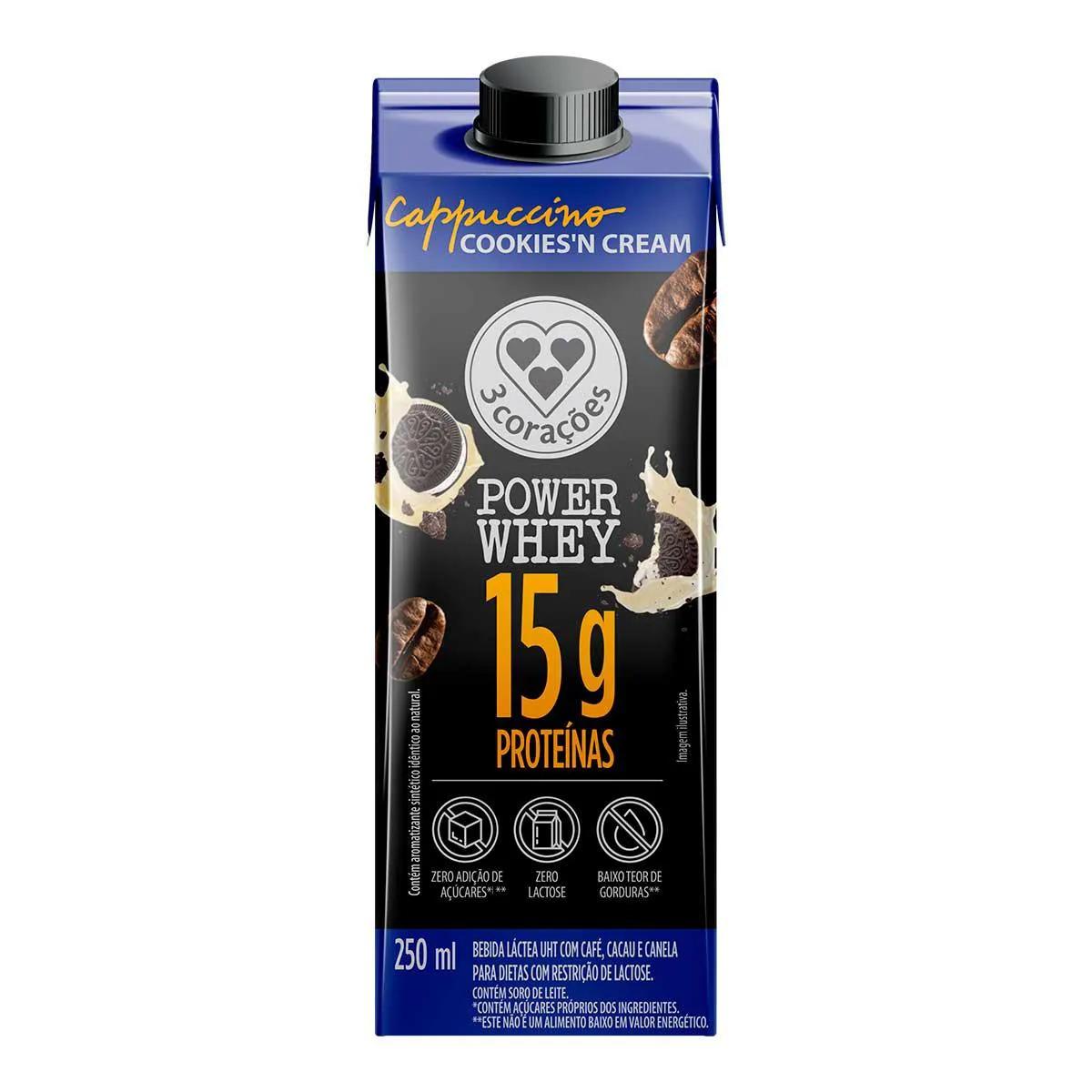 Cappuccino 3 Corações Power Whey Zero Lactose Cookies 'n Cream Caixa 250ml