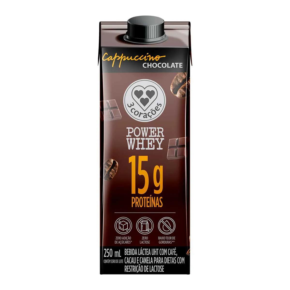 Cappuccino 3 Corações Power Whey Zero Lactose Chocolate Caixa 250ml