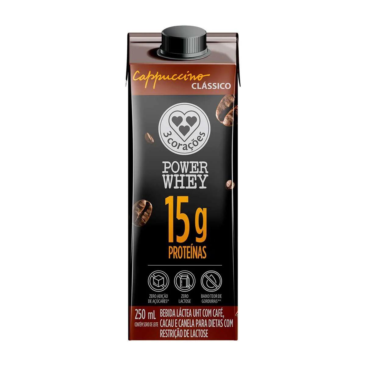 Cappuccino 3 Corações Power Whey Zero Lactose Clássico Caixa 250ml