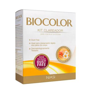 Kit Clareador de Pelos Biocolor Pêssego e Camomila com 1 água oxigenada 12 volumes + 1 sachê de pó descolorante + 1 vasilha de plástico + 1 espátula