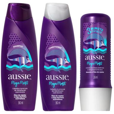 Kit Aussie Mega Moist Shampoo 360ml + Condicionador 360ml + Creme de Tratamento 3 Minute Miracle 236ml