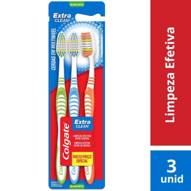 Escova de Dente Colgate Extra Clean Média com 3 unidades