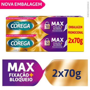 Creme Fixador de Dentadura Ultra Corega Max Fixação + Bloqueio Sem Sabor  2 unidades 70g cada