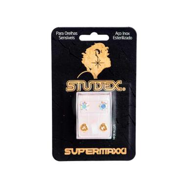 Brinco Studex Supermaxxi Dourado Pedra Cristal Espelhado com 1 par
