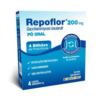 Probiótico Repoflor Pediátrico 200mg Pó Oral Sabor Morango 4 envelopes de 1g