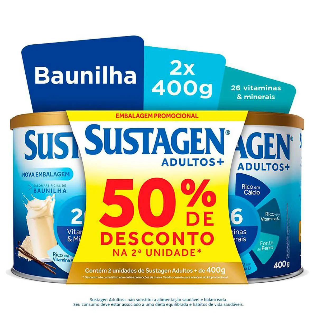 Kit Suplemento Alimentar Sustagen Adultos+ Baunilha com 2 unidades de 400g