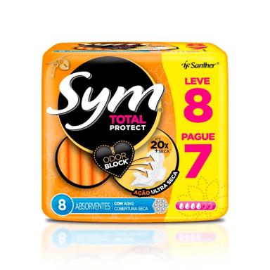 Absorvente Sym Total Protect Seca com Abas com 8 Unidades Protetor Solar Actine Fresh Corporal FPS 30 150g Regulador Intestinal 20 bi com 10 cápsulas 