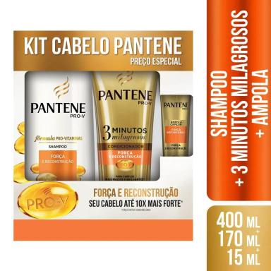 Kit Pantene 3 Minutos Força e Reconstrução com Shampoo 400ml + Condicionador 170ml + Ampola 15ml