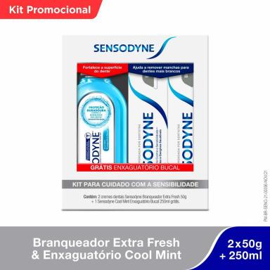 Kit Sensodyne com 2 Pastas de Dente Branqueador Extra Fresh de 50g + 1 Enxaguante Bucal Cool Mint de 250ml
