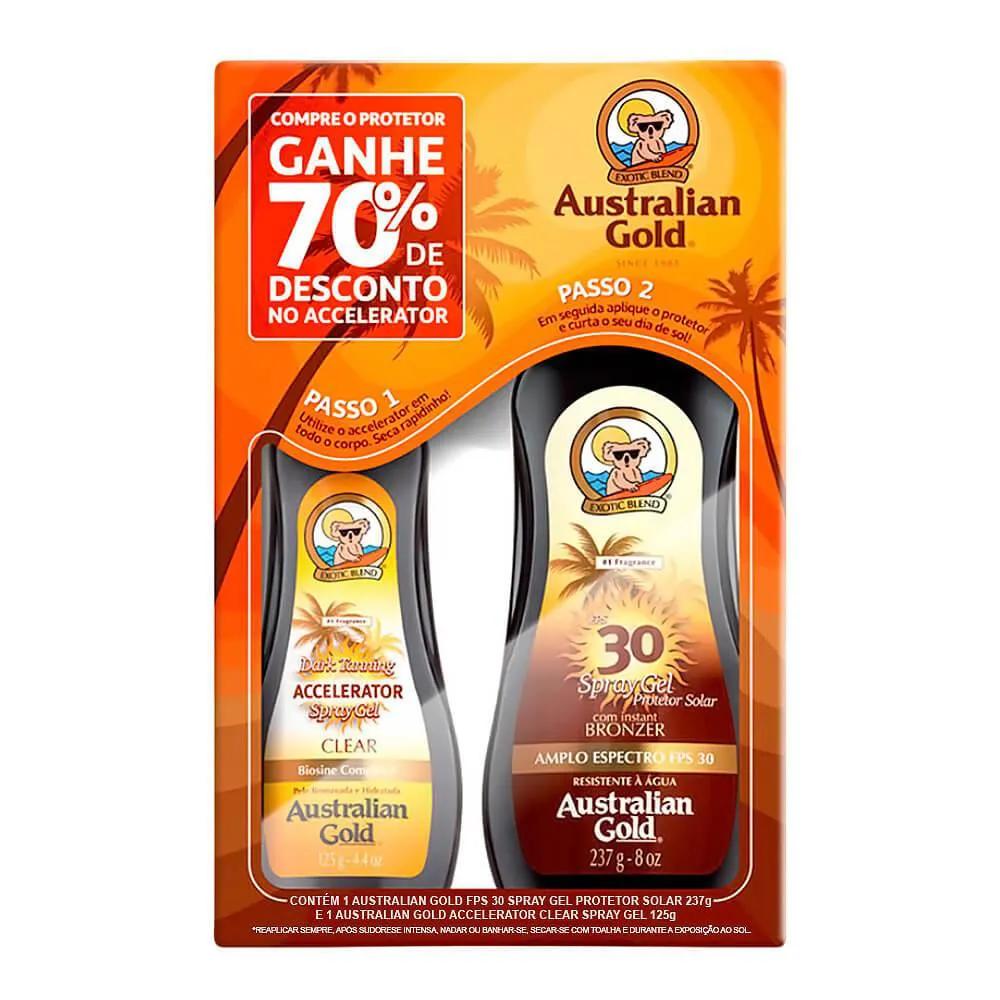 Kit Australian Gold Protetor Solar Corporal Spray Gel FPS 15 com 237g + Acelerador De Bronzeado Spray Gel com 125g