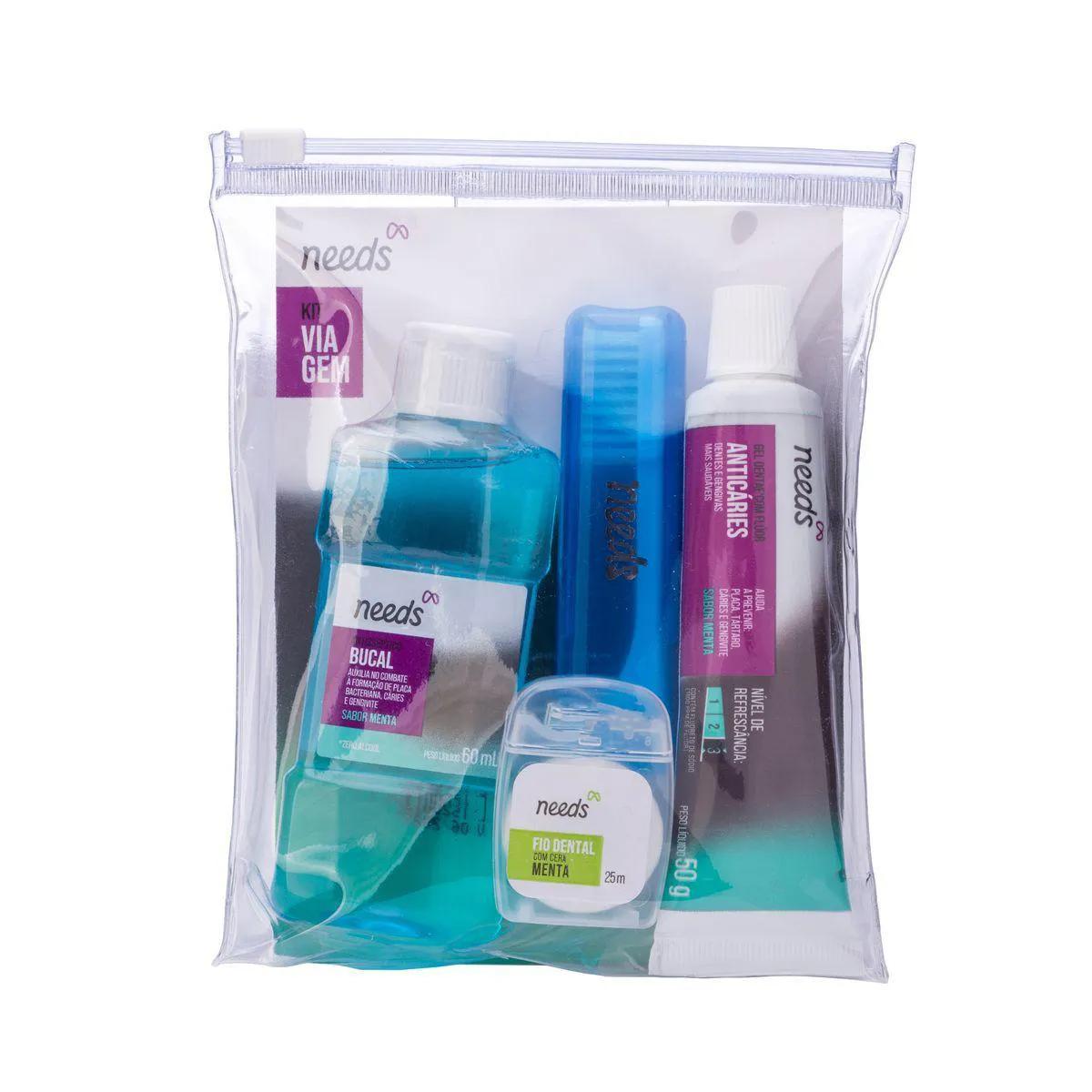 Kit de Viagem Needs Oral Care com 1 Escova de Dente + 1 Fio Dental de 25m + 1 Pasta de Dente de 50g + 1 Enxaguante Bucal de 60ml