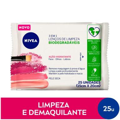 Lenço Demaquilante Nivea 3 em 1 Ação Hidratante 25 unidades