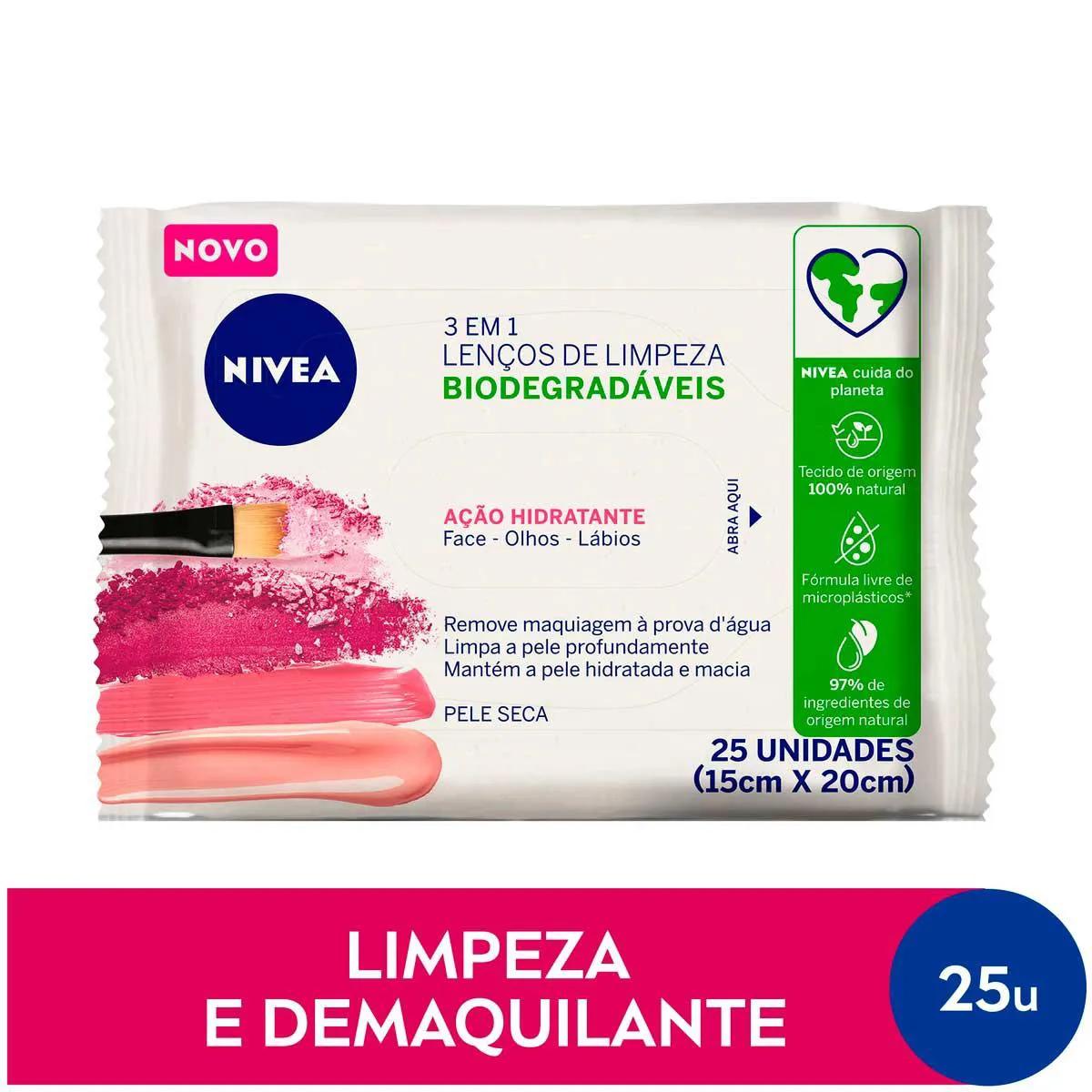 Lenço Demaquilante Nivea 3 em 1 Ação Hidratante 25 unidades