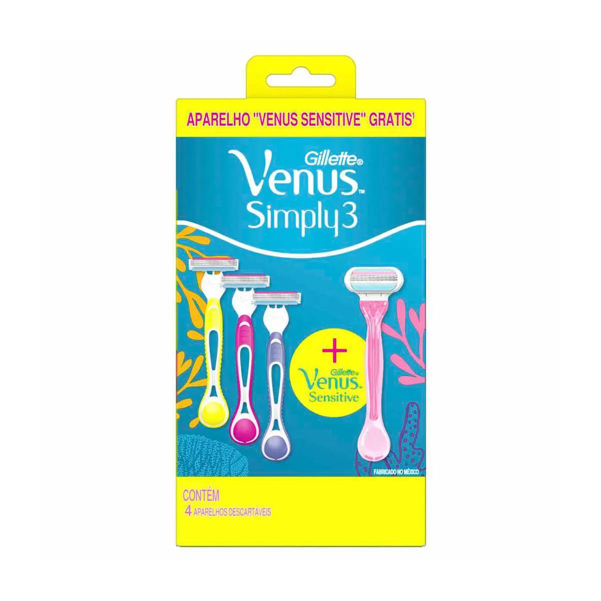 Kit Gillette Venus Simply Aparelho de Depilar Descartável com 3 unidades + 1 Gillette Venus Sensitive Grátis