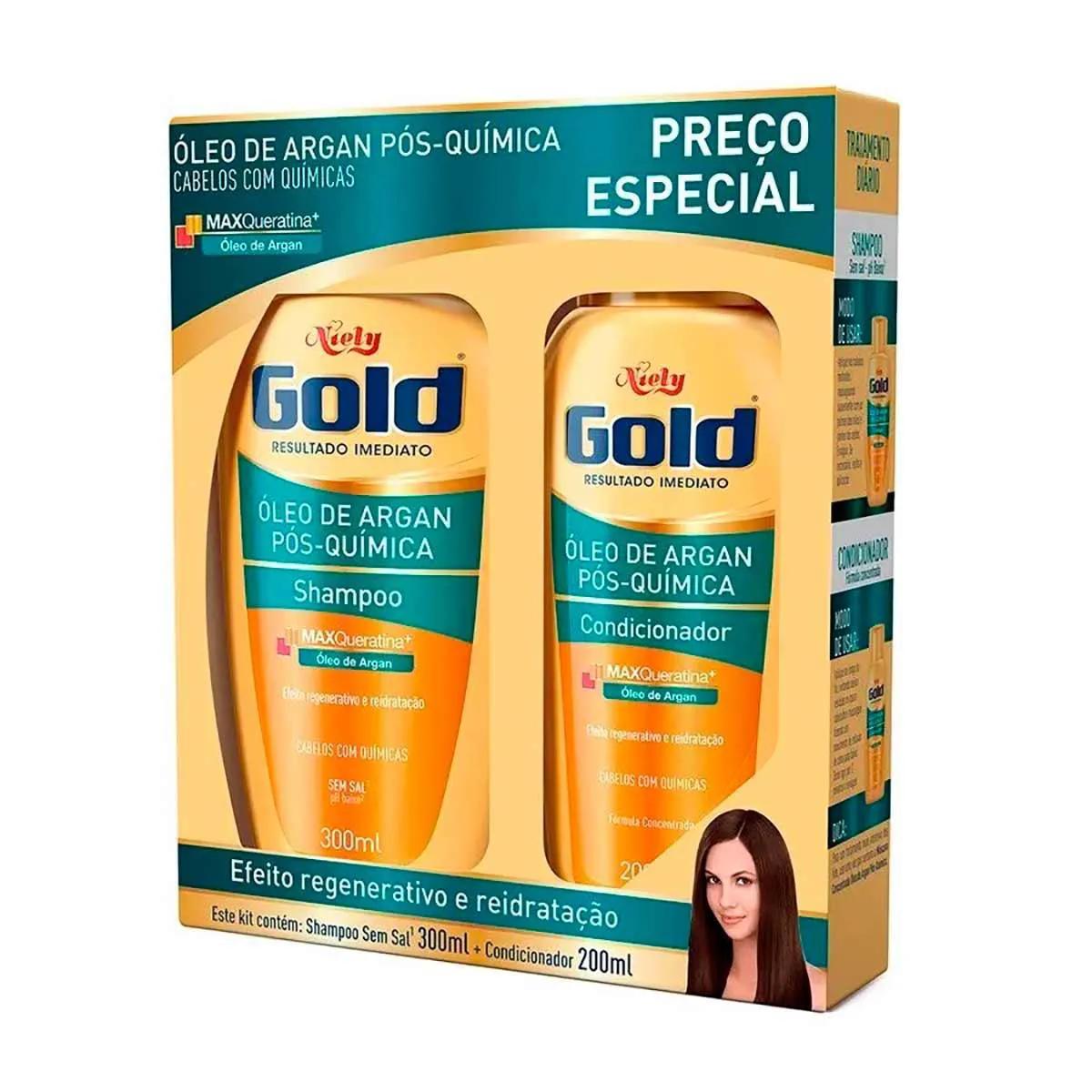 Kit Niely Gold Óleo de Argan Pós-Química com 1 Shampoo de 300ml + 1 Condicionador de 200ml