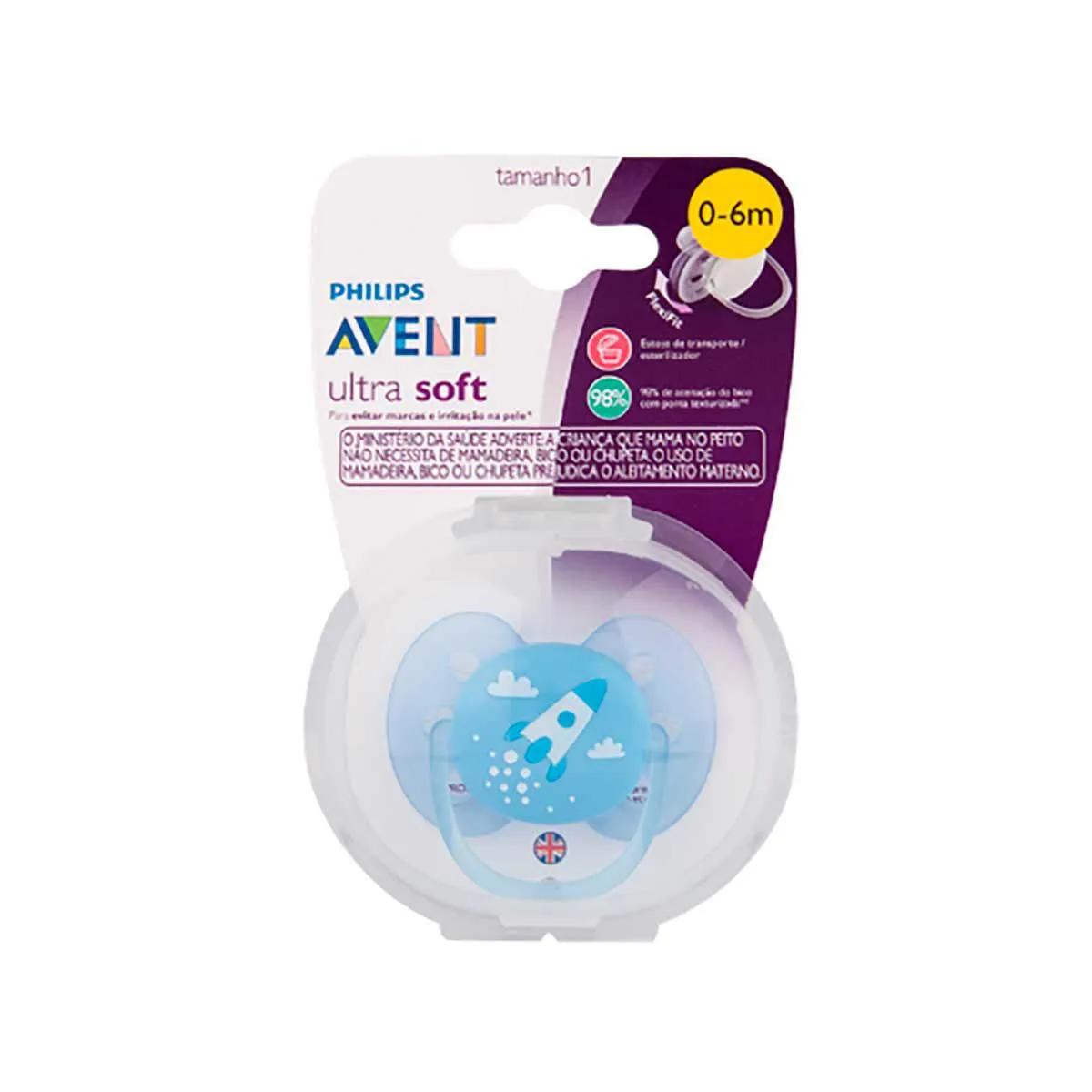 Chupeta Philips Avent Ultra Soft 0 a 6 Meses Azul Decorada com 1 unidade