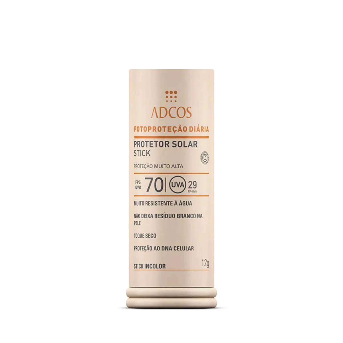 Protetor Solar Facial Stick Adcos Base Bastão Incolor FPS 70 com 12g