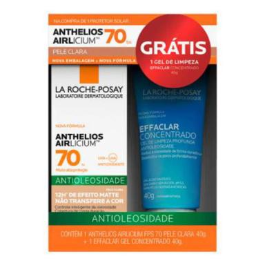 Kit Protetor Solar Facial Anthelios Airlicium Pele Clara FPS 70 + Gel Concentrado Effaclar