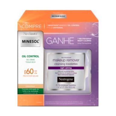 Kit Neostrata Minesol Protetor Solar Facial Oil Control Cor Universal FPS 60 com 40g + Lenço Demaquilante Neutrogena Night Calming com 25 unidades
