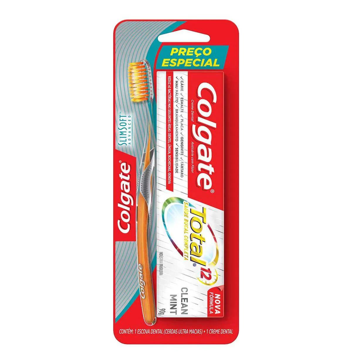 Kit Escova Dental Colgate Slim Soft Advanced + Creme Dental Colgate Total 12 com 90g
