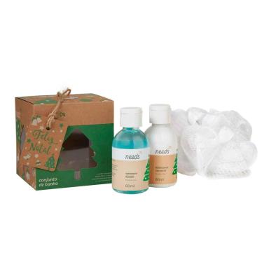 Kit Needs Natal Conjunto de Banho Brisa do Mar Hidratante Corporal com 60ml + Sabonete Líquido com 60ml + 1 Esponja