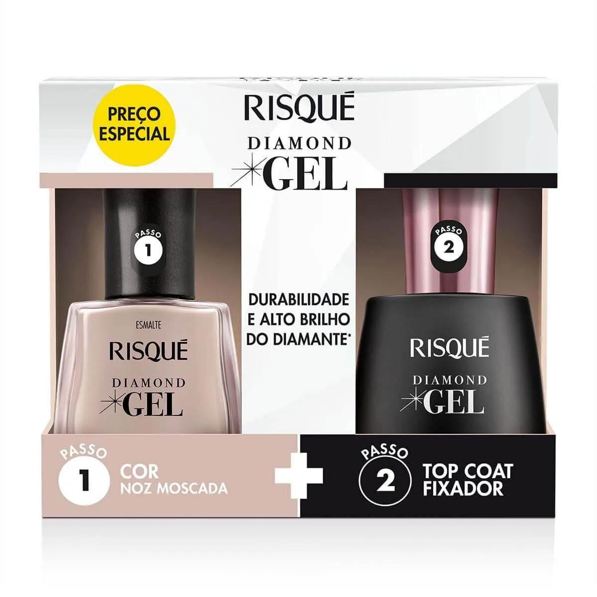 Kit Esmalte Risqué Diamond Gel Noz Moscada + Top Coat Fixador com 9,5ml cada
