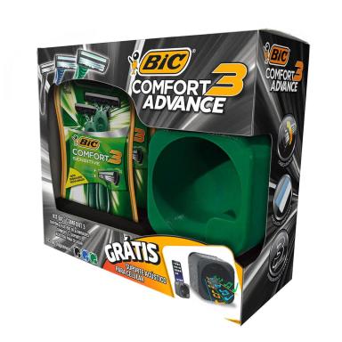 Kit Aparelho de Barbear Bic Comfort 3 Advance com 4 unidades + Suporte Acústico para Celular