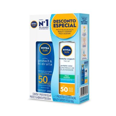 Kit Nivea Sun Protetor Solar Protect & Hidrata FPS 50 com 200ml + Protetor Solar Facial Beauty Expert Controle de Oleosidade FPS 50 com 50g