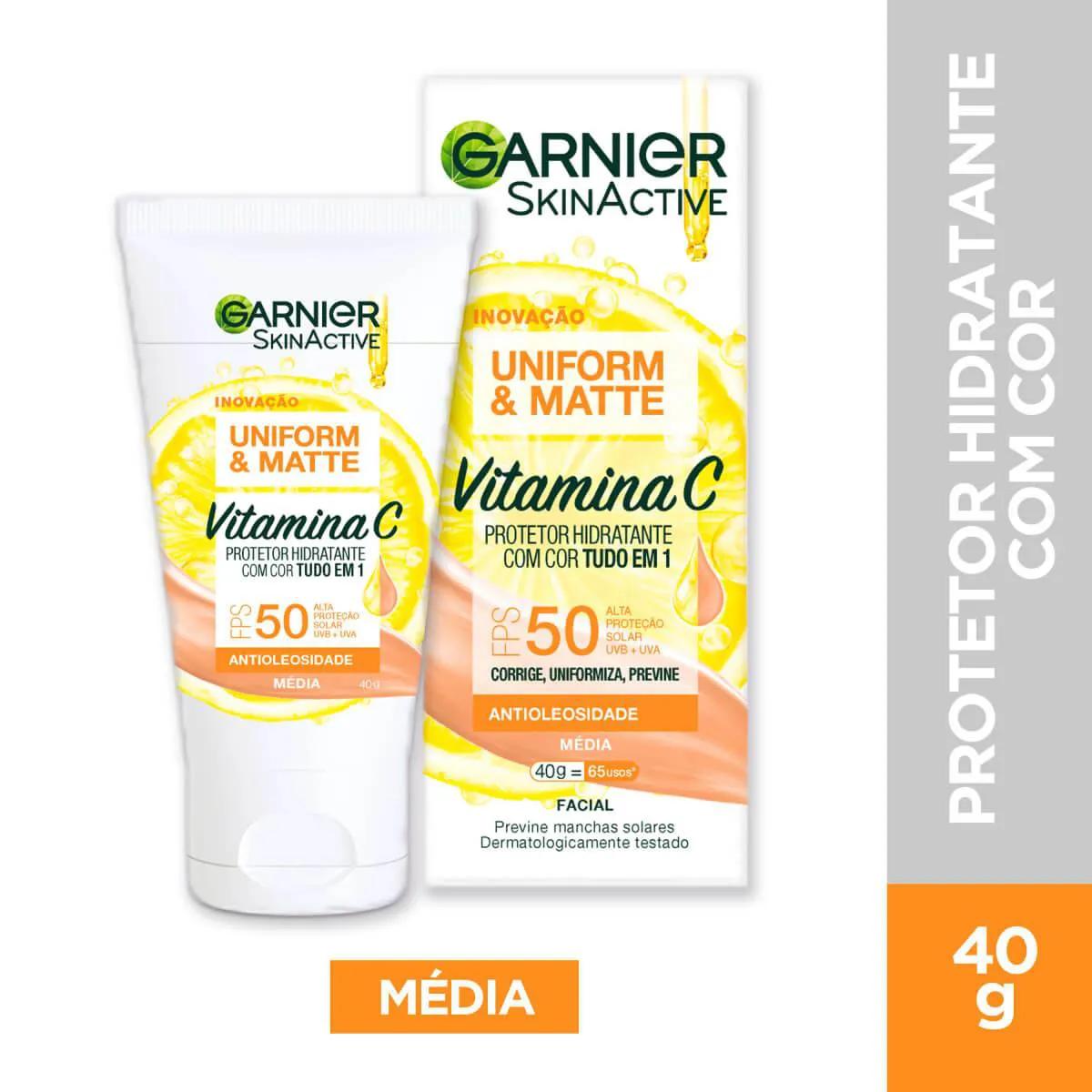 Protetor Solar Hidratante Facial Garnier Uniform & Matte Vitamina C FPS 50 Cor Média 40g