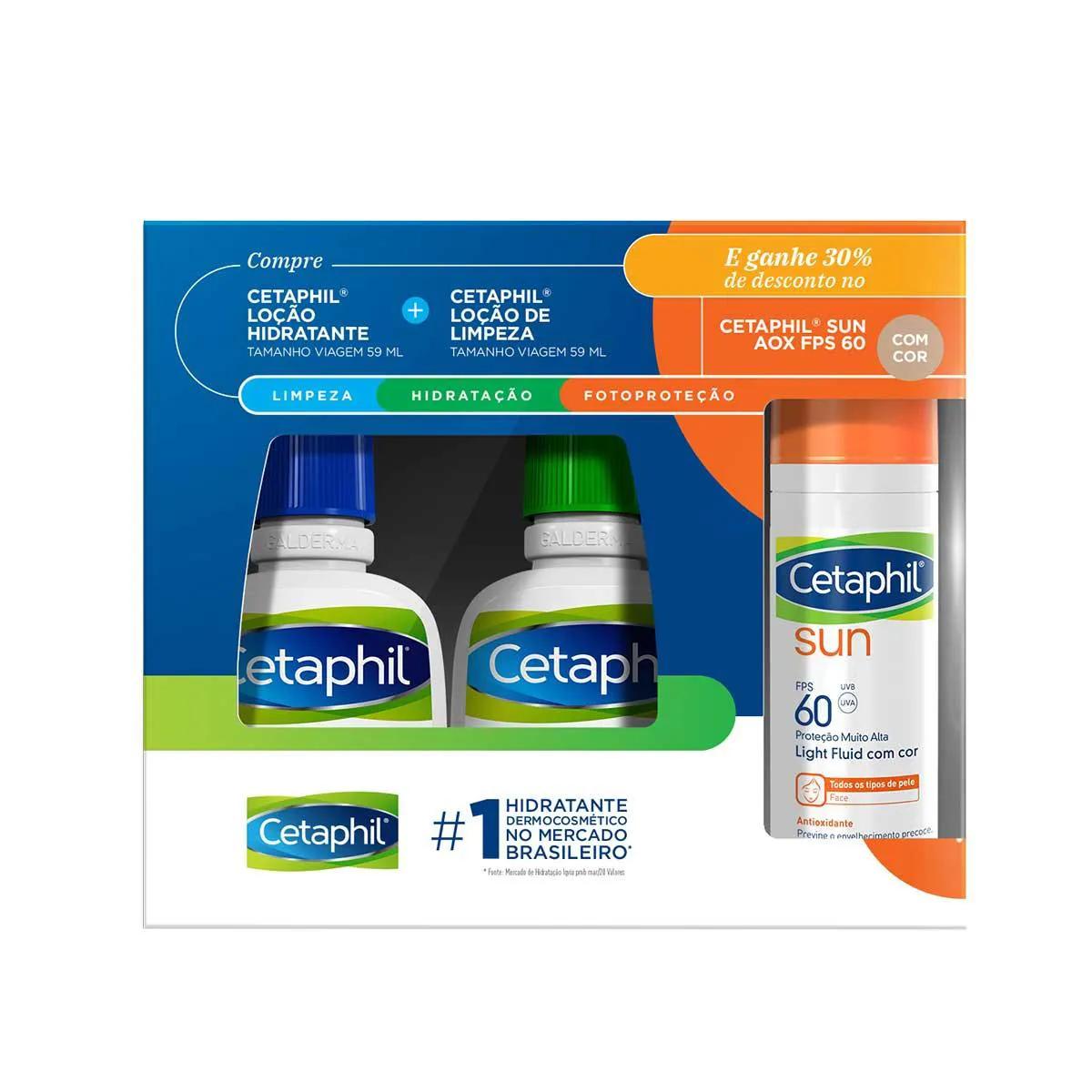 Kit Cetaphil Loção Hidratante com 59ml + Loção de Limpeza com 59ml + Cetaphil Sun Aox sem Cor FPS60 com 50ml