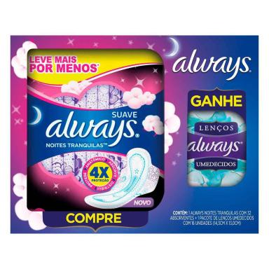 Kit Absorvente Always Noites Tranquilas Suave com 32 Unidades + Lenço Umedecido com 16 Unidades