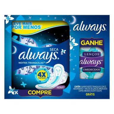 Kit Absorvente Always Noites Tranquilas Seca com 32 Unidades + Lenço Umedecido com 16 Unidades