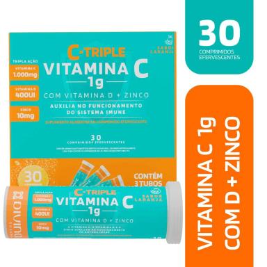 Suplemento Alimentar C-Triple Vitamina C + Vitamina D + Zinco com 30 Comprimidos Efervescentes