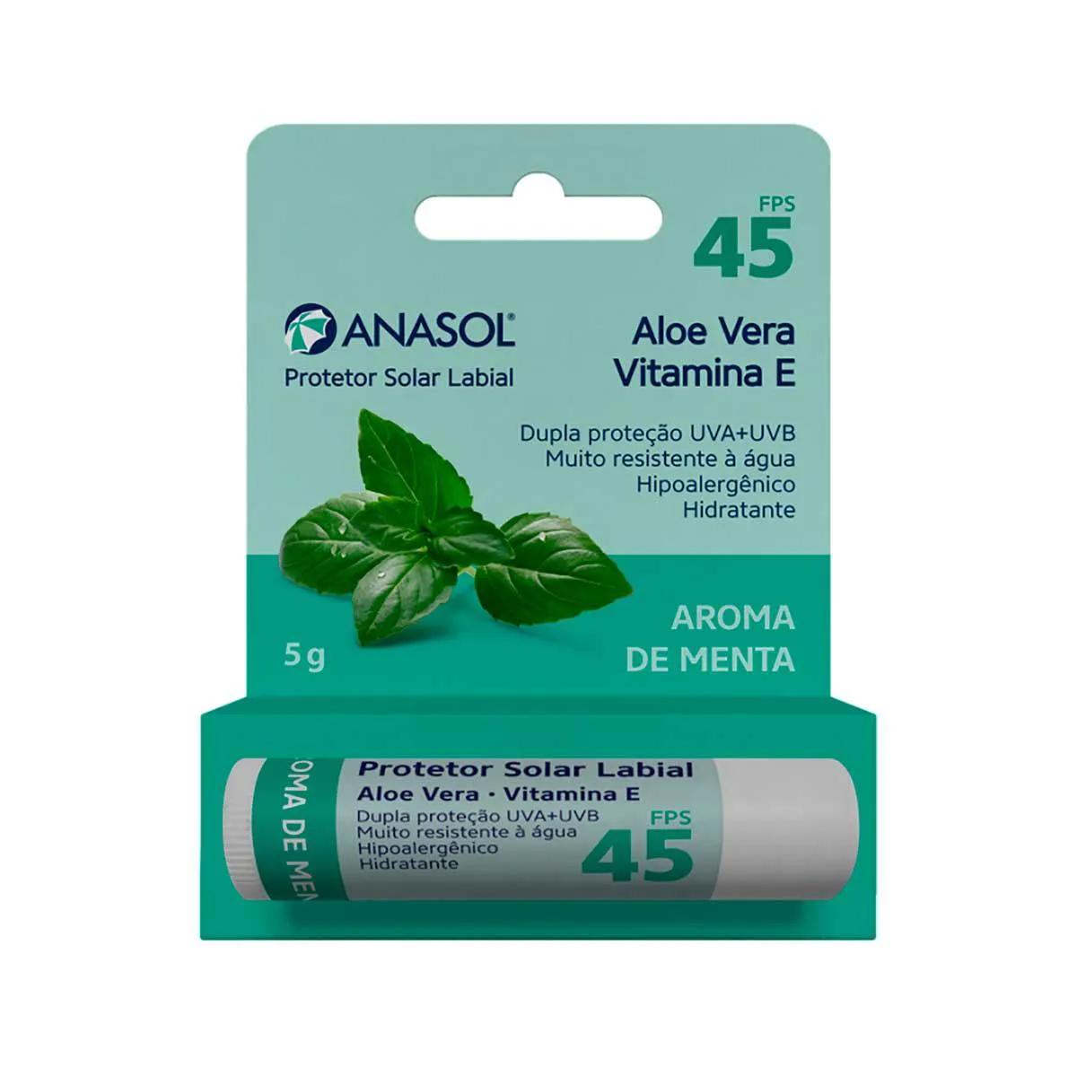 Protetor Solar Labial Anasol Aloe Vera Vitamina E com Aroma de Menta FPS 45 com 5g