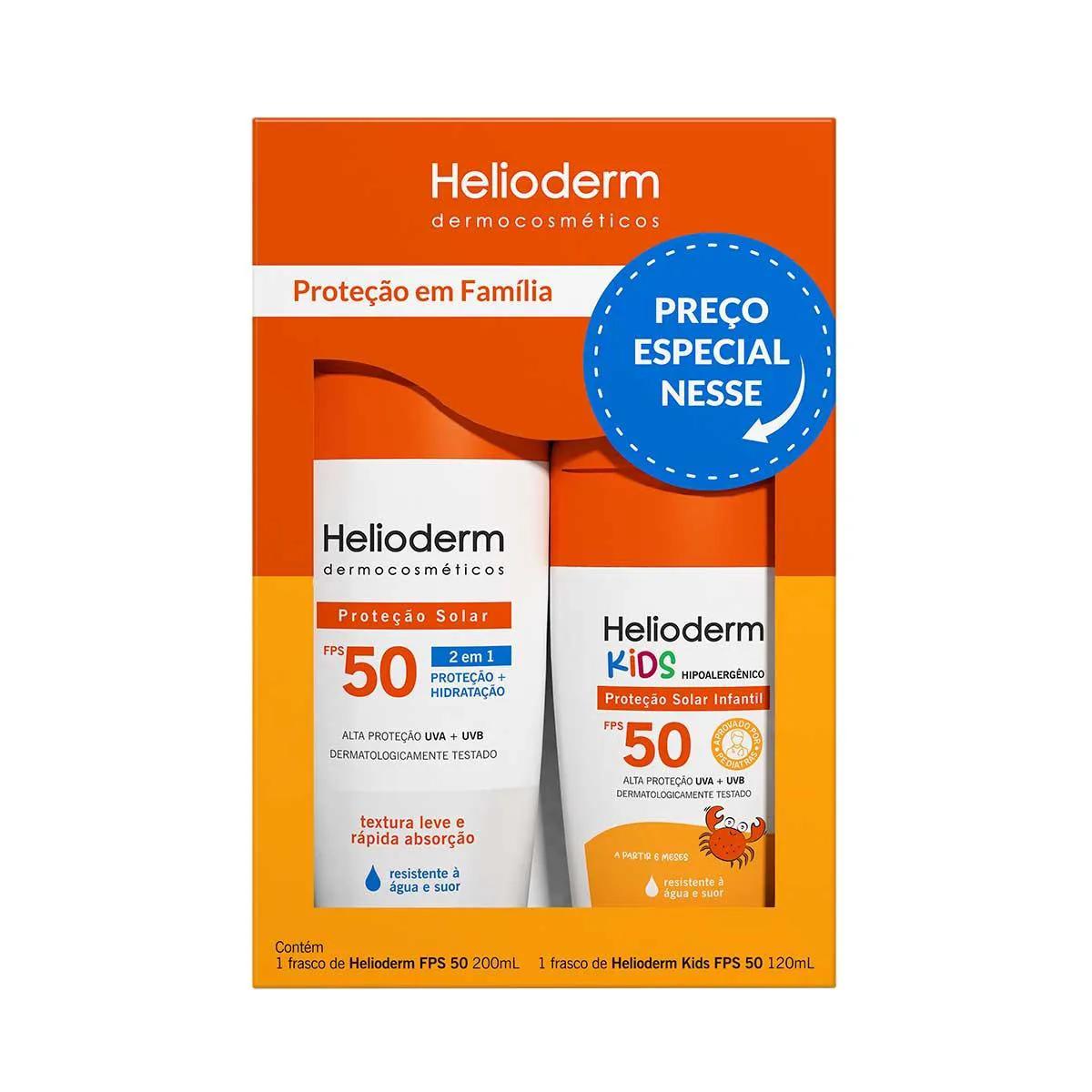 Kit Família Helioderm Suncare Protetor Solar FPS 50 com 200ml + Protetor Solar Kids FPS 50 com 120ml