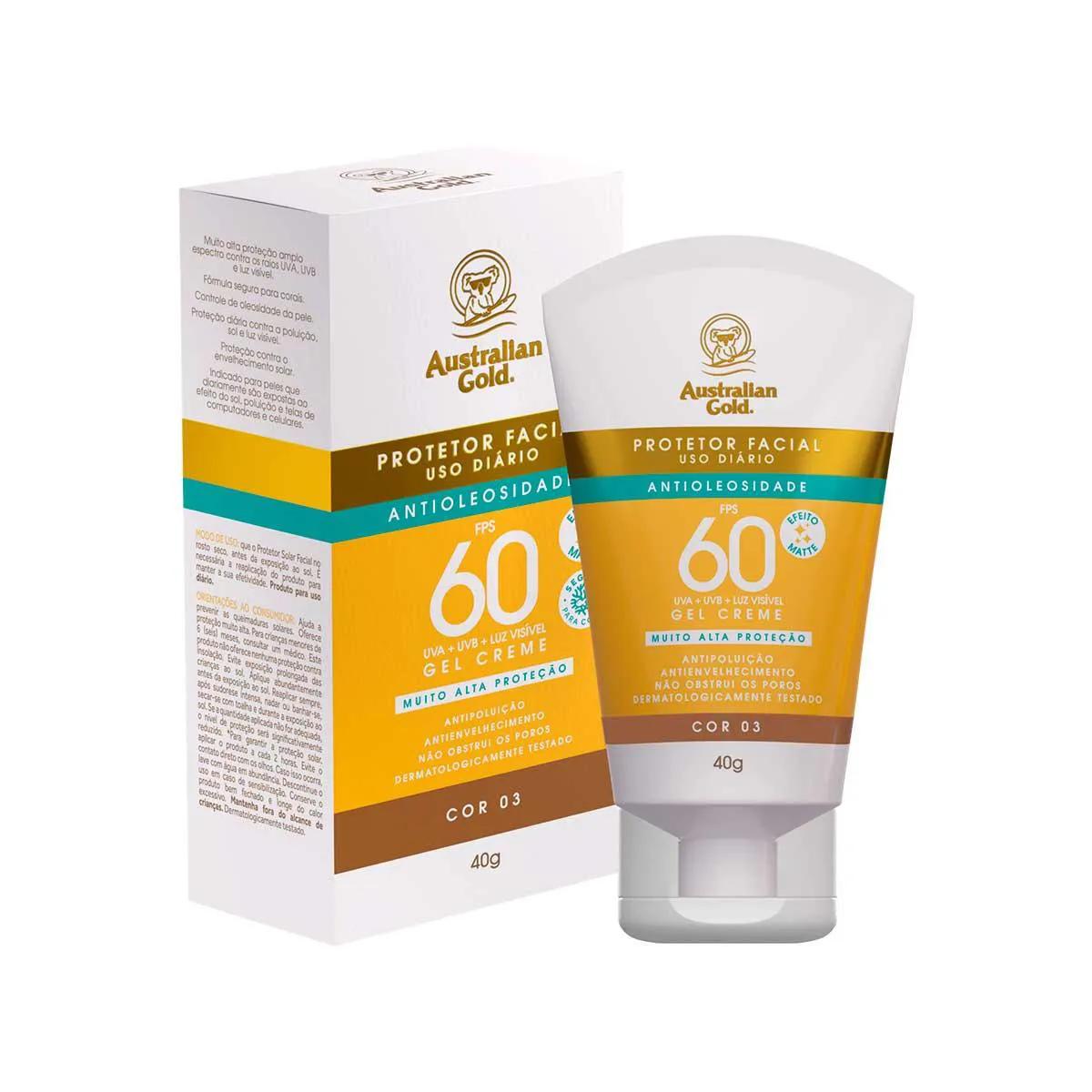 Protetor Solar Facial Australian Gold Antioleosidade FPS60 Cor 03 com 40g