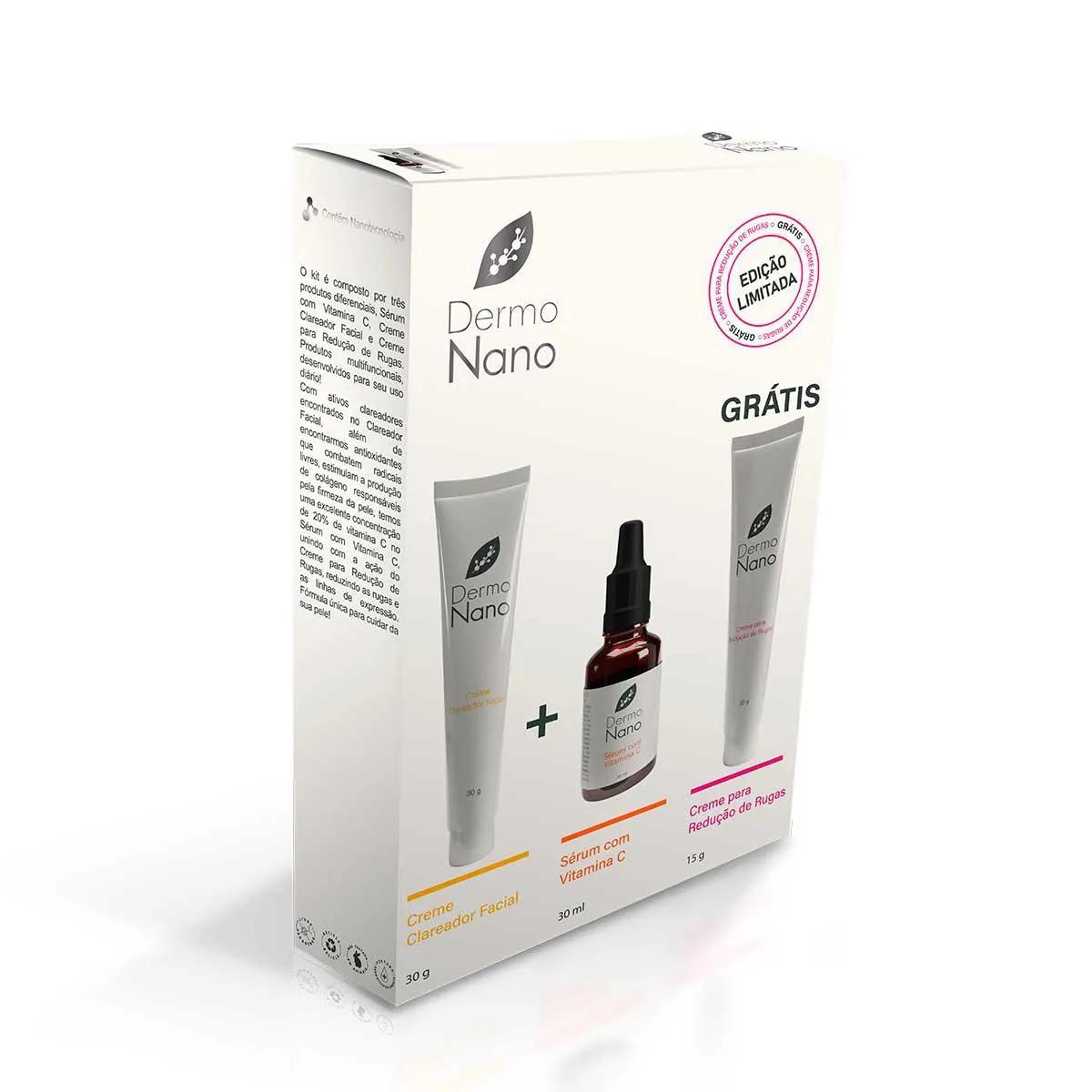 Kit DermoNano Creme Sérum Facial Vitamina C + Clareador Facial + Creme Redução de Rugas