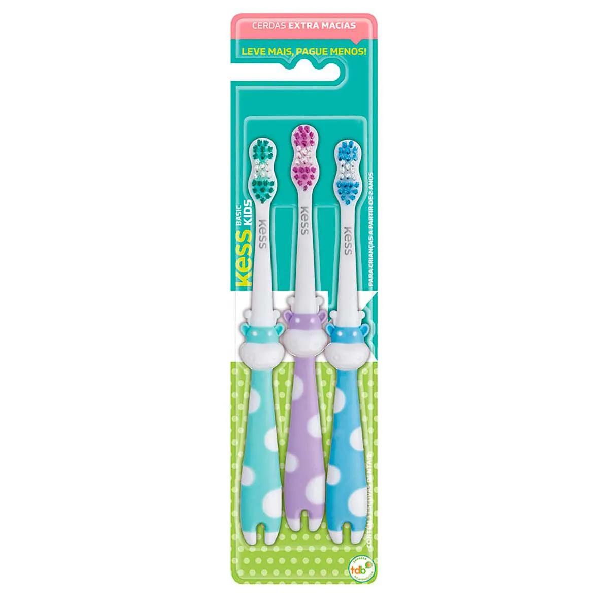 Kit Escova de Dente Infantil Kess Basic Pets com 3 Unidades