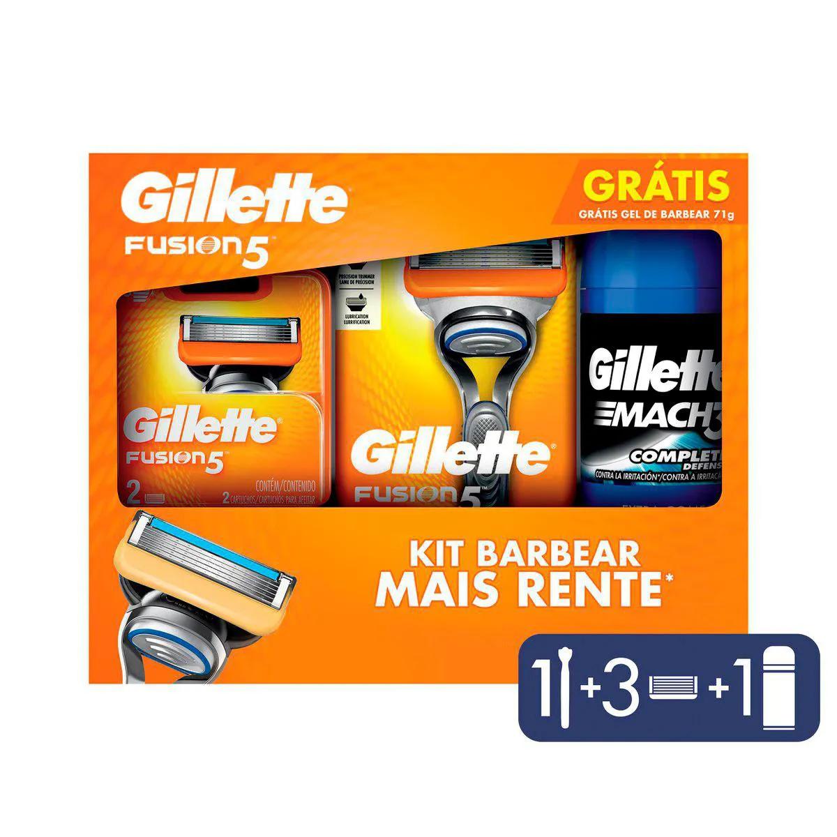 Kit Gillette Barbeador Fusion 5 1 aparelho + 3 cargas + Gel de Barbear Mach 3 Complete Suave 71g