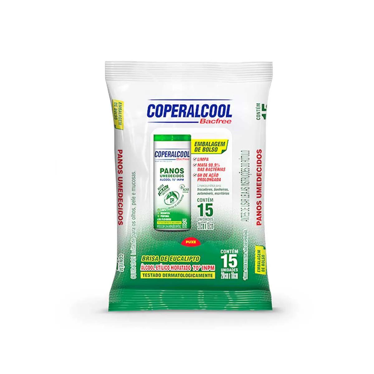 Panos Umedecidos Coperalcool 70°INPM Bacfree Brisa Eucalipto 15 Unidades