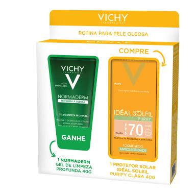 Kit Vichy Protetor Solar Ideal Soleil Purify Clara FPS 70 40g + Gel de Limpeza Profunda Normaderm 40g