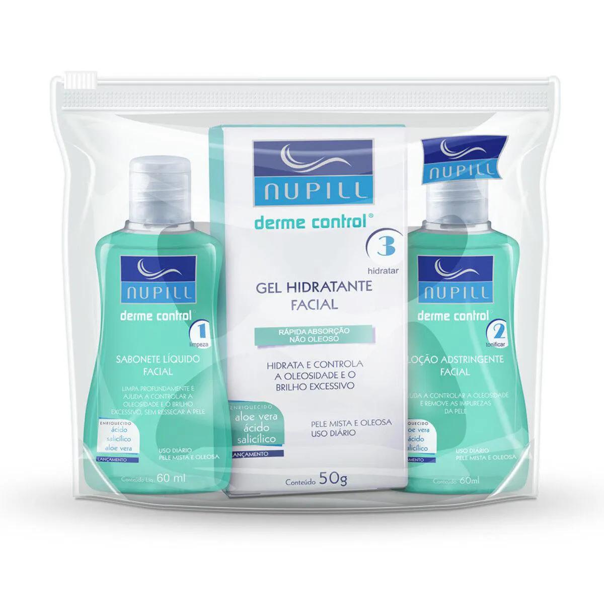 Kit Facial para Viagem Nupill Derme Control Necessaire com Sabonete Líquido +  Gel Hidratante + Loção Adstringente